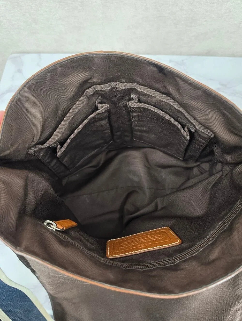 Coach Tan Leather Messenger Bag with Navy Web Strap